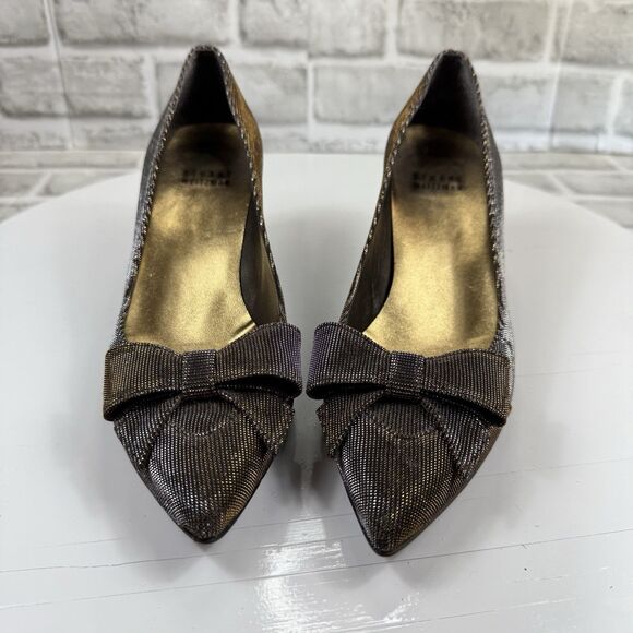 Stuart Weitzman Women's Size 6 Metallic Sparkle Fabric Bow Pump Kitten Heels - Picture 9 of 10